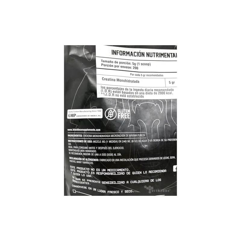 Creatina Monohidratada 1 kg BlackBear 200 servicios Bolsa