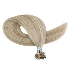 YoungSee Nano Ring Hair Extensions Human Hair Blonde 14inch Keratin Nano Tip Human Hair Extensions Highlights Ash Blonde with Blonde Nano Hair Extensions Human Hair Natural Hair 50grams 50strands