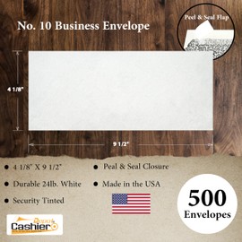 500 Cashier Depot #10 Business Envelope, 4 1/8 X 9 1/2, Peel & Seal, Security-Tinted, 24lb. White Paper, (No Window) (500 Envelopes)