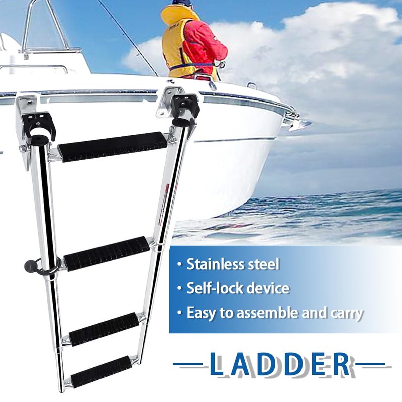 Mojiate Made Stainless Steel Boat Ladder 4-Step, Telescoping Transom Stepladder,