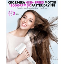 Hair Dryer Blow Dryer,180000 RPM High-Speed Brushless Motor 500 Millions Negative Ionic hairdryer for Fast Drying, Quiet Thermo-Control Hair dryers for Women Home Travel Salon (White)