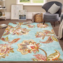 Area Rug 3x5 Entryway Rug, Machine Washable Boho Floral Rug Non-Slip Soft Low Pile Indoor Door Mats for Entryway Hallways Kitchen Laundry Bedroom Kids Room(Blue,3'x5')