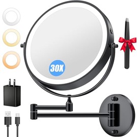9'' 30X/1X Wall Mounted Lighted Makeup Mirror, 5000mAh Rechargeable Double-Sided Magnifying Mirror with Light, Vanity Mirror Touch Dimmable 3 Colors 360° Rotation Extended Foldable Arm, Power Adapter