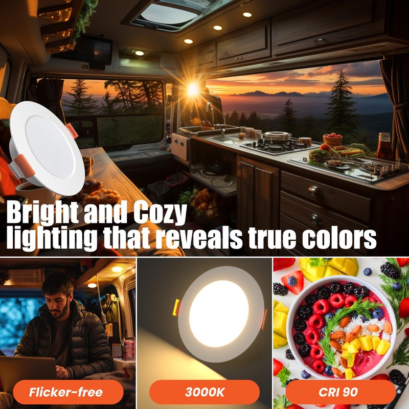 3 Inch RV Recessed Ceiling Lights 12V 3W 3000K, 6-Pack
