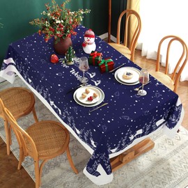 Yrendenge Christmas Tablecloth Blue White Tablecloth Washable Outdoor Tablecloth Rectangular Waterproof Cartoon Houses Tree Elk Tablecloth for Winter Holidays Home Decor 140 x 240 cm