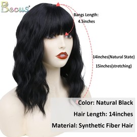 BECUS Black Short Wigs for Women Shoulder Length Wavy Curly Bob Wig with Bangs Synthetic Hair Wig
