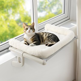 Sunhoo Cat Window Perch Hammock Sturdy Windowsill Bed Seat for Large Cats No Drilling No Suction Adjustable Kitty Shelf with Washable Cover Easy Assembly Holds up to 40 lbs 21.7 * 15 in (White, S)