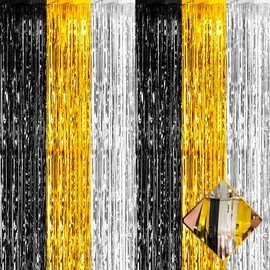 4 Pack 3.2Ft x 9.8Ft Black Gold Silver Foil Fringe Curtain Backdrop, Metallic Tinsel Foil Fringe Streamers Curtains Background for Photo Booth, Birthday, Wedding, Mardi Gras, Carnival Party Decoration
