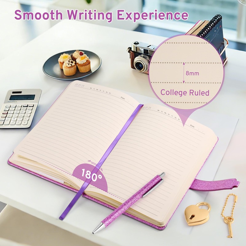 Yonavita Purple Glitter Diary with Lock & Key, No-Shed Sparkle