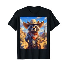 Cowboy Raccoon Western Wear Unisex-Adults & Unisex-Kids Black Cartoon Cowboy Raccoon T-Shirt