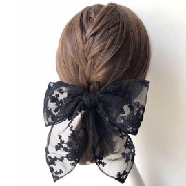 Ximdble Vintage Large Lace Bow Hair Clip Barrette Black Bow Lace Hair Barrette French Mesh Bow Head Clip Barrette Headpieces Black Silk Bow Hair Accessories for Women (Black)
