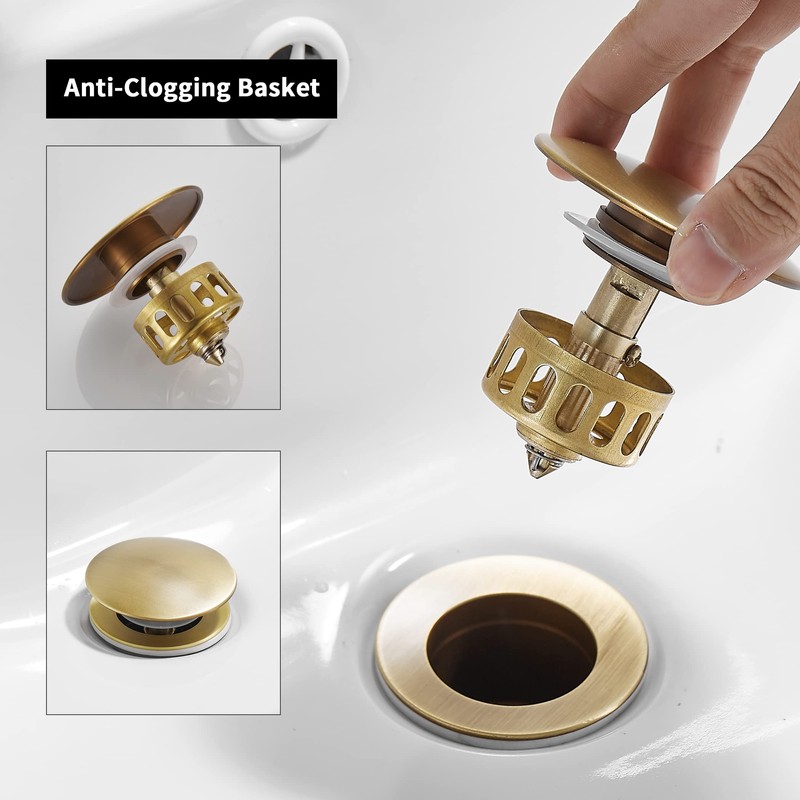 WOMAO Retro Sink Drain Fitting, Antique Brass Pop-Up Drain Valve