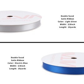 VATIN Light Silver & Electric Blue 2 Rolls Double Faced Satin Ribbon 3/8" Wide X 10 Yards Each, Total 20 Yards Silk Ribbons for Gift Wrapping Baby Shower Bridal Flower Bouquet Wedding Decor