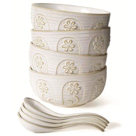 Artena Pho Bowls And Spoons Set, Embossed Ceramic Ramen Bowls, Ramekins Oven Safe, Pasta Bowls, 50oz Large Salad Serving Bowls, 9.75'' Plates Bowls Set of 4, Big White Ceramic Soup Bowls for Kitchen