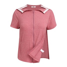 Deyeek Mastectomy Shirts with Drain Pockets Post Shoulder Surgery Tops for Women Chemo Port Short Sleeve with Zippers