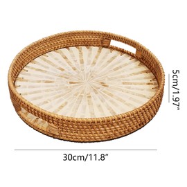 i-lan 12.2" Rattan Round Serving Basket with Beige MOP Wooden Base, Large Wicker Ottoman Basket Tray with 2”Side, Woven Basket Bowl Platter for Home Décor, Coffee Table