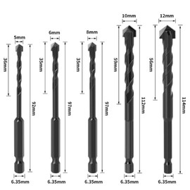 Concrete Drill Set, 5 Pieces, Marble Thin Iron Masonry Drill Bit Set, Hexagonal Shaft, Carbide Drill, Drilling (5, 6, 8, 10, 12 mm)