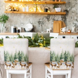 FuWeave 6 Pcs Christmas Chair Covers Snowman Reindeer Xmas Dining Room Chair Covers Linen Christmas Dining Chair Slipcovers for Xmas Banquet Kitchen Holiday Party Decor (Green,Stylish)