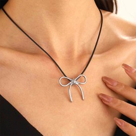 Aneneiceera Vintage Leather Choker Necklace Silver Filigree Bow Pendant Necklace Hollow Bowtie Necklace Bowknot Black Necklace Chain Jewelry for Women (Bow A)