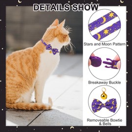EXPAWLORER Breakaway Cat Collar with Bells- 2Pcs Adjustable with Bowtie for Girl Boy Kitten, Moon and Stars Pet Collar with Safety Buckle