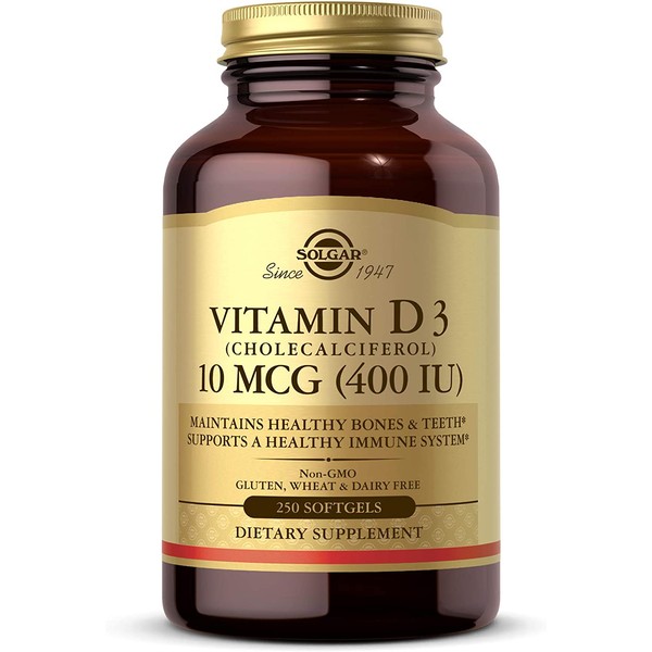 Solgar Vitamin D3 (Cholecalciferol) 10 MCG (400 IU), 250 Softgels - Helps Maintain Healthy Bones & Teeth - Immune System Support - Non-GMO, Gluten Free, Dairy Free - 250 Servings