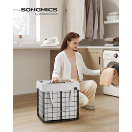 SONGMICS Laundry Hamper, 11 Gal. (50L) Laundry Basket, Collapsible Clothes Hamper, Removable and Washable Liner, Metal Wire Frame, for Bedroom Bathroom, Black and White ULCB150W01