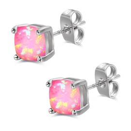 Savlano 925 Solid Sterling Silver 6MM Princess Square Created Opal Stud Earrings, Comes with Gift Box for Women