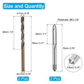 sourcing map Tap and Drill Bit Set, 2pcs M6 x 1.25 Metric Straight Flute Thread Screw Taps & 2pcs 4.7mm Twist Drill Bits, Uncoated/Roasted Yellow HSS-6542/M35 HSS-CO Tapping Threading Tool