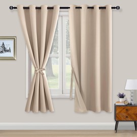 XWZO Blackout Curtains Shades Window Curtain Panels with Tiebacks- Noise Reduction and Light Blocking Grommet Curtains for Bedroom,Living Room,Office,Study Room Beige W52xL63