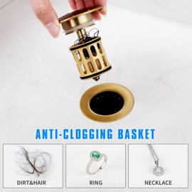 JONKEAN Bathroom Pop Up Drain Without Overflow,Vanity Vessel Sink Drain with Detachable Strainer Basket,Pop Up Drain Stopper Hair Catcher, Built-in Anti-Clogging Strainer(Brushed Gold)