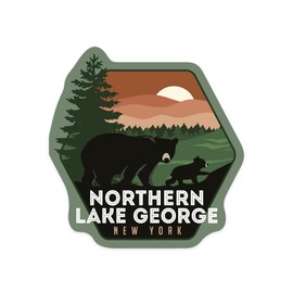 Die Cut Sticker Northern Lake George, New York, Vector Bear Family, Contour Vinyl Sticker 3 to 6 inches, (Waterproof Decal for Cars, Water Bottles, Laptops, Coolers), Large
