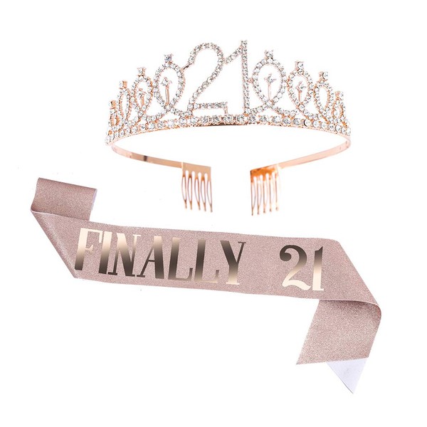 Topfunyy 21st Birthday Sash and Tiara Set - Finally 21 Rose Gold Sash Crystal Crown Birthday Gift for Girls 21st Birthday Party Decorations