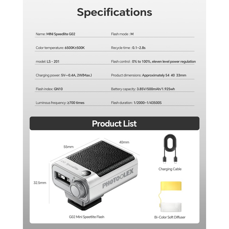 PHOTOOLEX Mini Camera Flash GN10 45g USB-C Speedlite