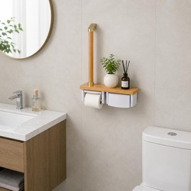 Toilet Safety Rail with Paper Holder & Storage Shelf, Bathroom Grab Bar