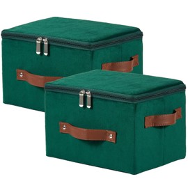 VinneGenzz 2PCS Storage Bins with Zipper Lid Velvet Fabric Storage Box Lidded Basket Foldable Washable Decorative Closet Shelf Clothes Organizer Container with PU Leather Handles (Deep Green, Small)
