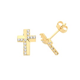 Pretty 9ct Gold Ladies Cross Stud Earrings with Cubic Zirconia/CZ - 10mm*7mm WJS26802