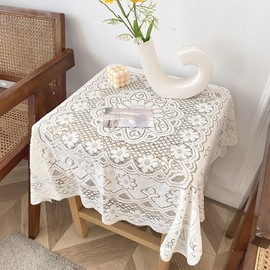 Huierxun Cotton White Lace Small Square Tablecloth 36 x 36 Inch Embroidered Table Cloth Shabby Chic Wedding Baby Shower Table Cover for Nightstand End Bedside Table Tabletop Decoration(White,36"x36")
