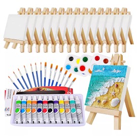 14 Mini Lienzos para Pintar y Bastidores para Pintar con Caballete de Pintura, Juego de Pintura Acrilica, 12 Colores Pinturas Lavables no Tóxicas, 14 Pinceles y 3 Paleta Arte, Es un Regalo Perfecto