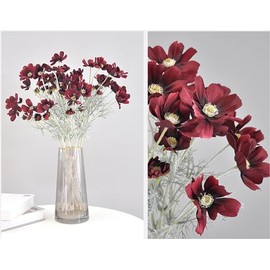 4 piezas de plantas artificiales de flores artificiales de seda Cosmos, ramos de boda, decoración de mesa para el hogar, cocina, jardín, fiesta, decoración de 23.6 pulgadas de alto (rojo oscuro)