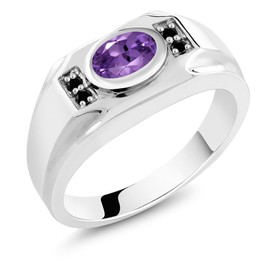 Gem Stone King Men's 925 Sterling Silver Purple Amethyst and Black Diamond Ring For Men | 1.23 Cttw | Gemstone February Birthstone | Oval 8X6MM | Available In Size 7, 8, 9, 10, 11, 12, 13
