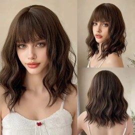 Smilco Chic Lady Black Bob Curly Wig with Thick Body Wave Style and Bangs for Everyday Wear and Role-playing Model SM210-4color: Dark brown, Stretched Length: 16 Inches