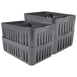 Simplify 4 Pack 3 Compartment Stackable Bin with Adjustable Dividers | Drawer Organizer | Storage Basket | Good for Office | Desk Supplies | Dorm | Bathroom | Accessories | Make Up | Grey