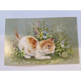 Vintage Kitten Snail Flowers Postcard Unposted Red Farm Studios