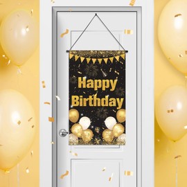Black Gold Birthday Door Sign for Boys, Black Gold Birthday Door Banner Decorations Black Gold Birthday Porch Sign Banner Black Gold Birthday Door Hanger Decor Gold Birthday Front Door Sign for Men