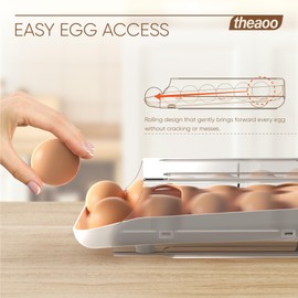 theaoo Egg Holder for Fridge, Automatic Rolling Egg Container for Refrigerator, Clear Plastic Egg Dispenser, Stackable Eggs Organizer with Quick Removable inner Tray For Organizers and Storage, 1 Pack
