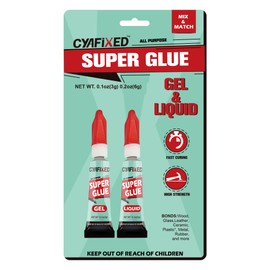 CYAFIXED Super Glue Gel & Liquid, All-Purpose Superglue, Cyanoacrylate Instant Adhesive for Plastic, Wood, Metal, Repair - Two 3 Gram Tubes, Clear