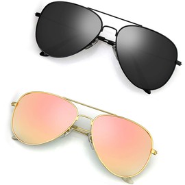 Polarized Aviator Sunglasses for Men/Women Metal Mens Sunglasses Driving Sun Glasses U6 (2 Pack) Black Frame Black Grey Lens / Pink3