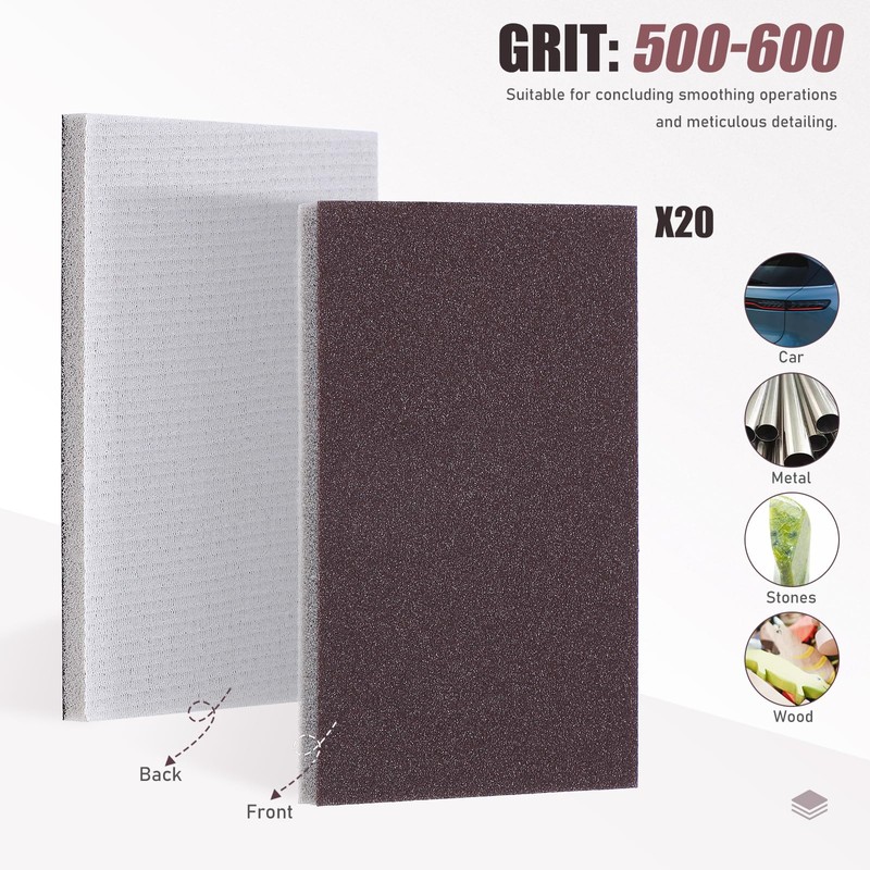 SOLUSTRE 500-600 Grit Sanding Sponge 20pcs Sanding Sponge Polishing Pads