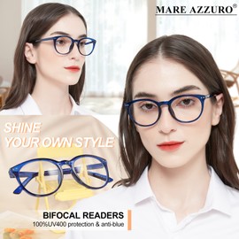 MARE AZZURO Large Round Bifocal Reading Glasses +2.0 Women Blue Light Blocking Readers 1.00 1.25 1.50 1.75 2.00 2.25 2.50 2.75 3.00 3.50 (Blue, 2.0)