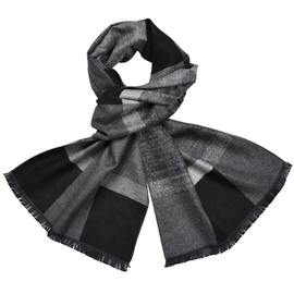 Miobo Mens Winter Soft Plaid & Plain Wool Mix Tassel Autumn Winter Scarf, Black grey 2